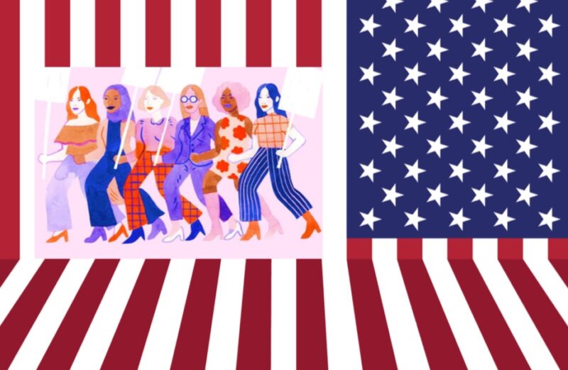illustration of women marching with American flag background