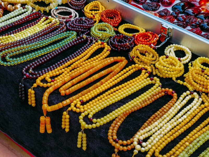 multi-colored strands of beads