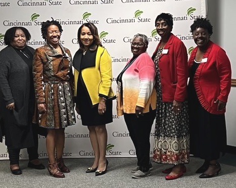 CState TRIO staff and Conference Speaker Mrs. Cynthia Booth: Shelia Bratcher (Interim Director, College Access Programs), Dr. Stefeni Stallworth (Manager, Student Support Services), Mrs. Booth, Arlene Brown (Executive Assistant, College Access Programs), Mrs. Erma Rutland-White (SSS Tutor), Dr. Sandra Dees (SSS Academic Coach)