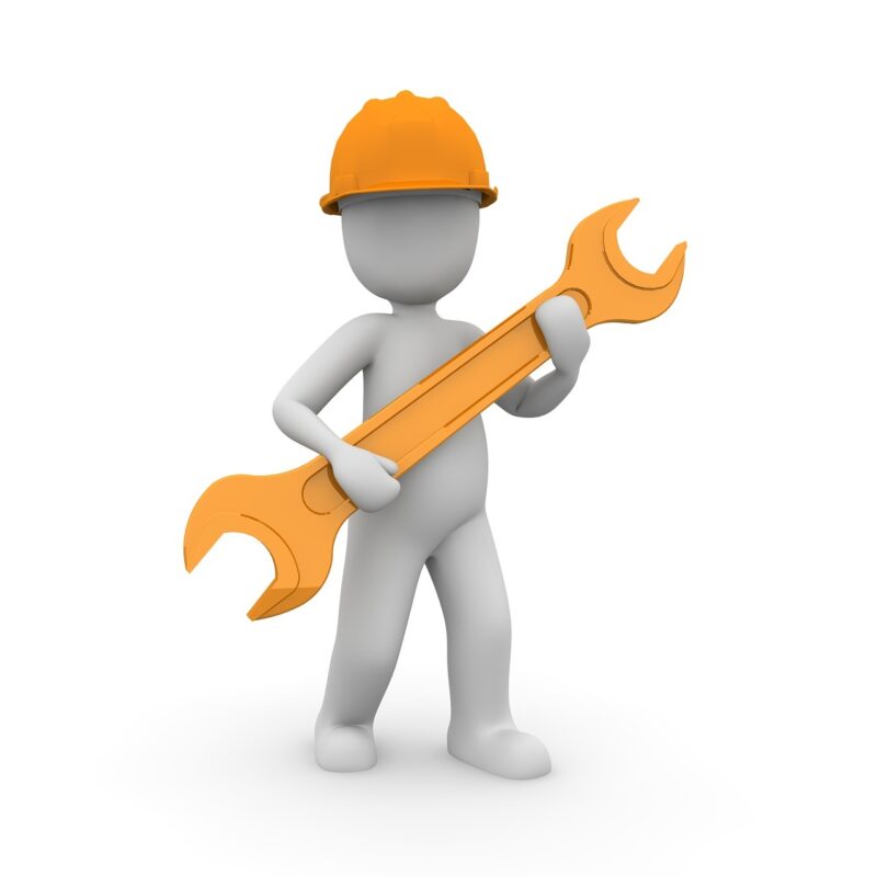 cartoon construction worker holding large wrench