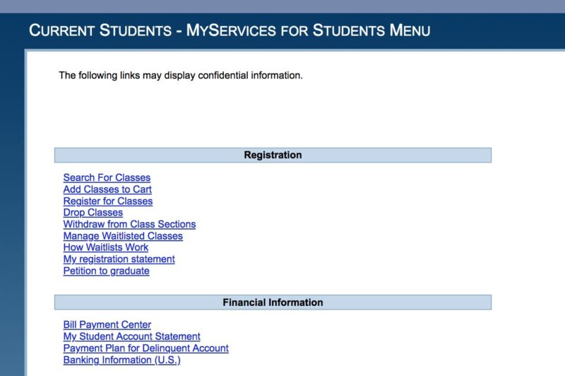 MyServices for Students screen
