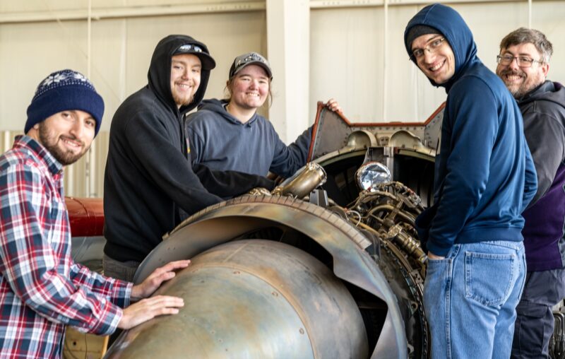 Aviation Maintenance Technology students with donated GE jet engine