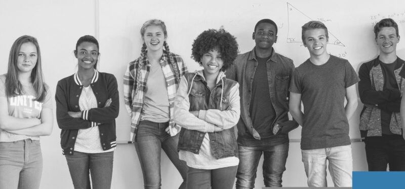 black and white photo of several high school students