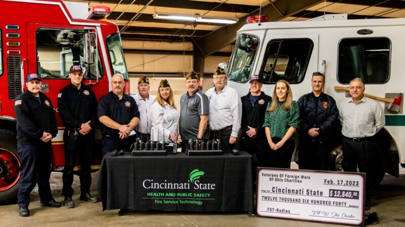 Fire Service students John Davidson and Jake Blackburn, Fire Service Lab Manager Drew Tenhundfeld, VFW Surgeon Ray Schaffer, VFW Sr. Vice Commander Colleen Wiley, VFW State Commander Jon Greene, VFW Chief of Staff Roy Tenhundfeld, Fire Service student Andrew Shannon, Dean of Health & Public Safety Jenna Beck, Fire Service student Artie Machado, Fire Service Program Chair Bill Mehbod