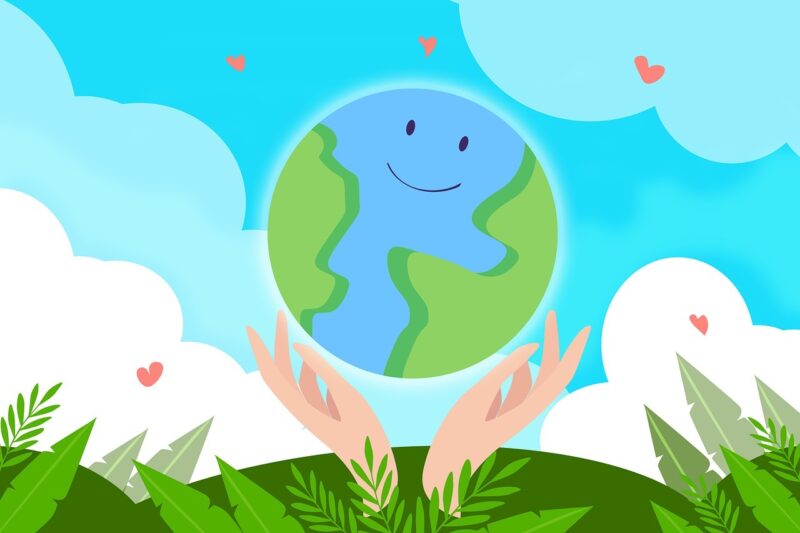 illustration of hands holding up a globe with a smiling face