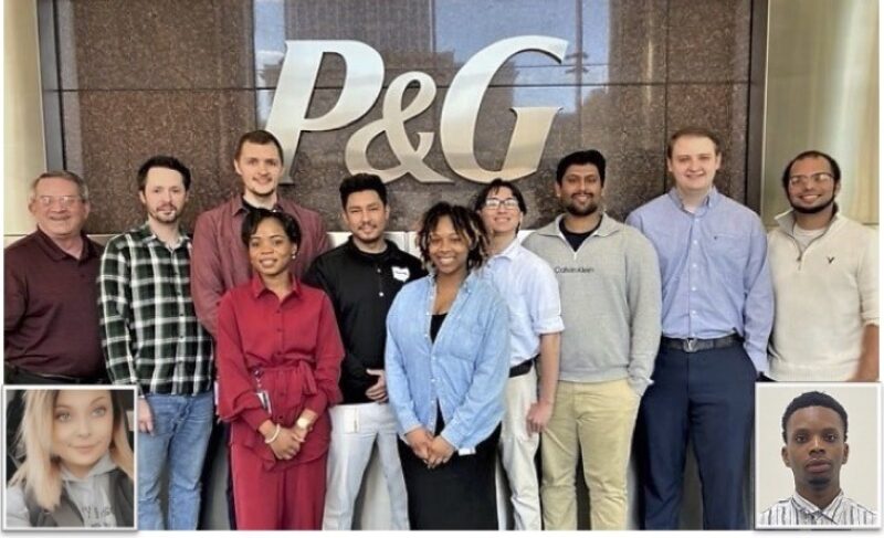 Adam Waits (Co-op Coordinator) and P&G Co-op students Michael Brown, Michael Taylor, Leslie Mwisange, Bidur Thappa, Makayla Whittie, Michael Nguyen, Ravi Patel, Charles Hardesty, with Adrian Harris (P&G Operations Leader)- Inset Photos: Rachel Ashton and Adrian Washington
