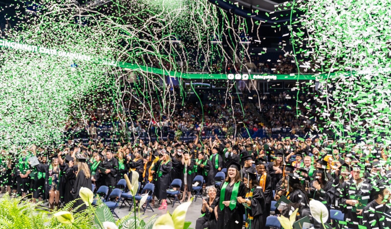 Confetti falling on graduates at the end of the Commencement ceremony