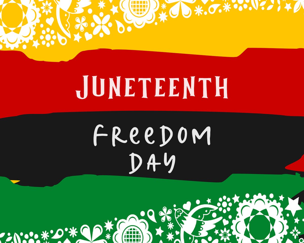 "Juneteenth Freedom Day" on yellow, red, and green background