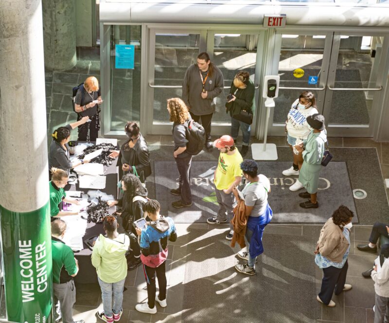 Overhead photo of students arriving at Welcome Center