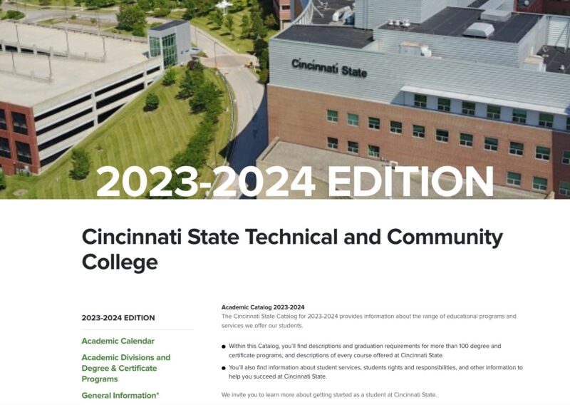 Home page of Cincinnati State Catalog website