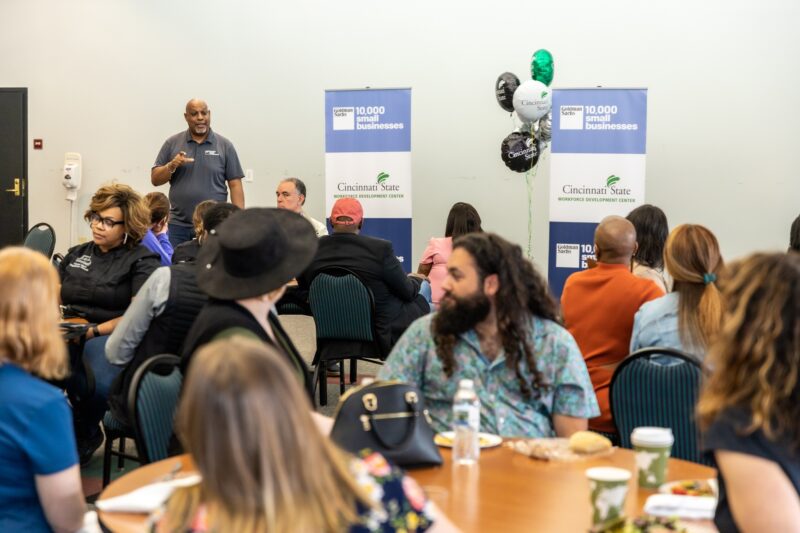 Sean Johnson talks to entrepreneurs at the graduation event for the Goldman Sachs 10,000 Small Businesses program