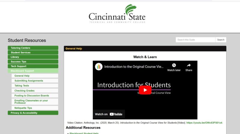 Screenshot of online Student Resources Guide