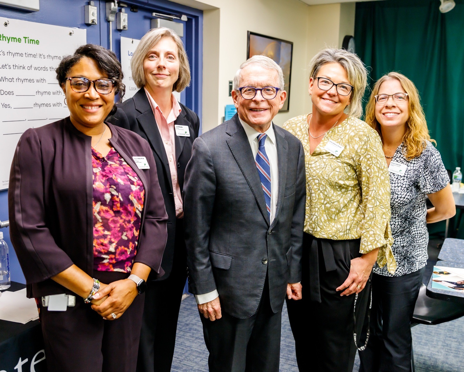 Ohio Gov. Mike DeWine with Cincinnati State ECE faculty members Jelecia Jackson, Carla Rhoades, and Kelly Hubbard and Parent Resource Center manager Denise Gabrelski