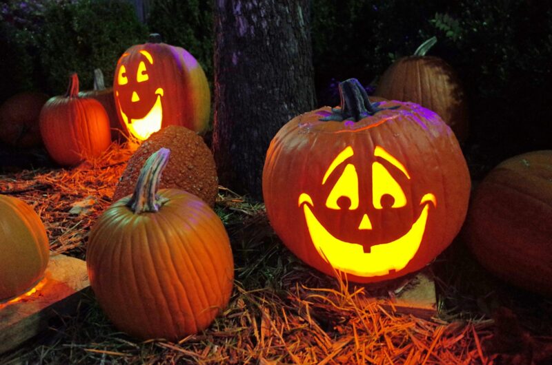 a group of pumpkins with faces carved into them