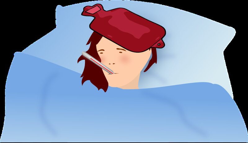 illustration of a woman in bed with a hot water bottle on her head and a thermometer in her mouth