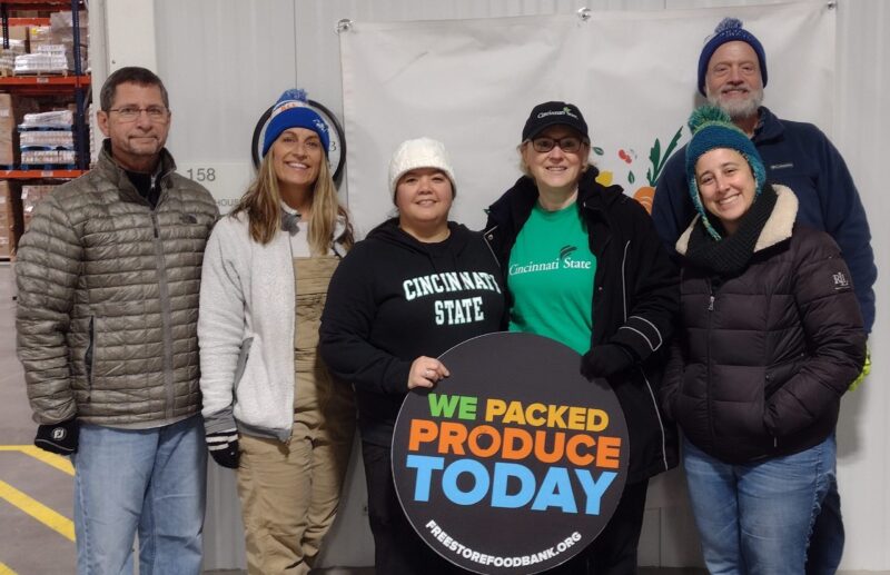 Faculty Senate members volunteering at the Freestore Foodbank: Doug Woodruff, Beth Hamon, Abbey Yee, Nora Beckmann, Milene Donlin, and Jon McKamey