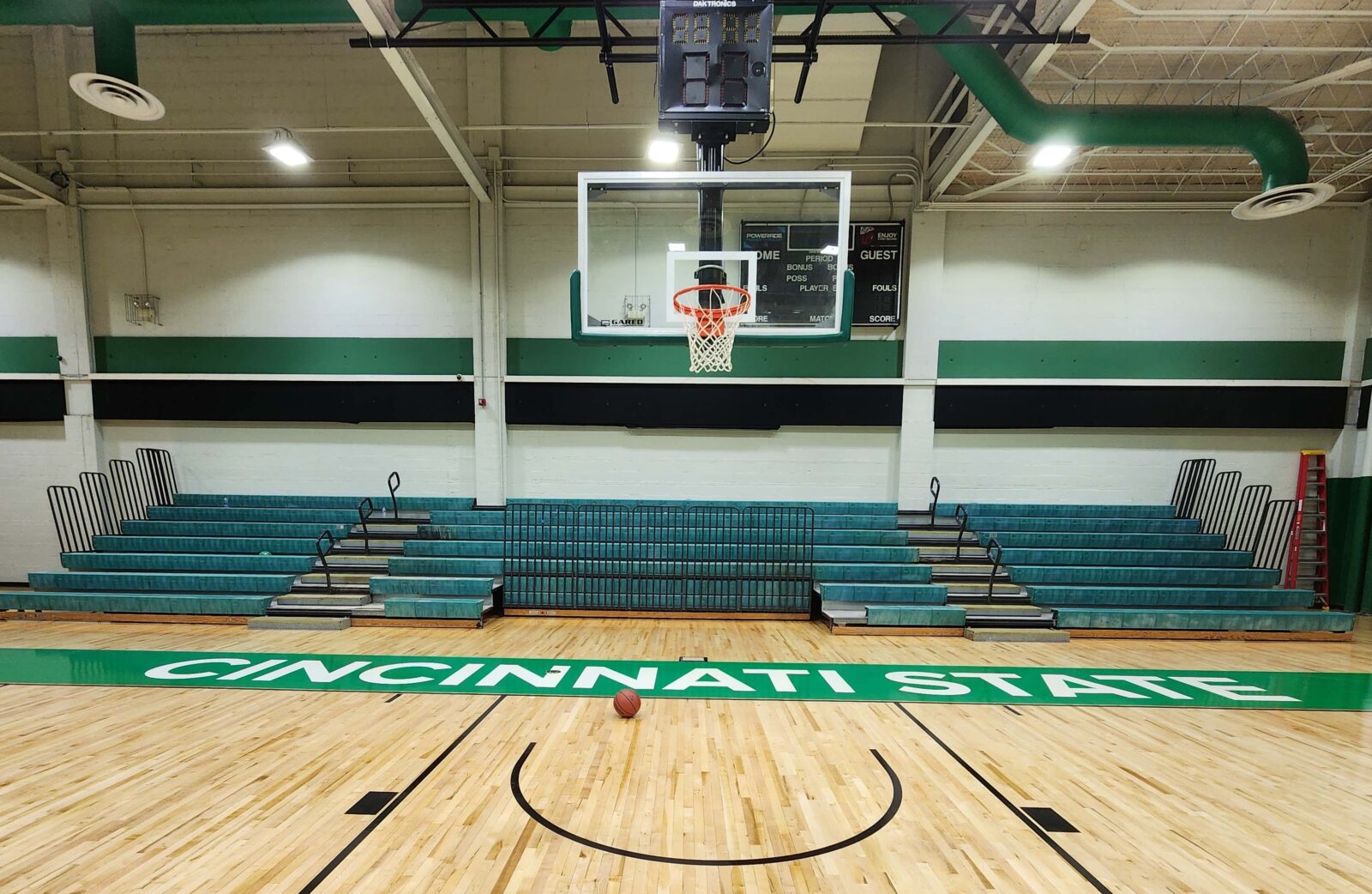 Cincinnati State refinished basketball court, seen from the foul line