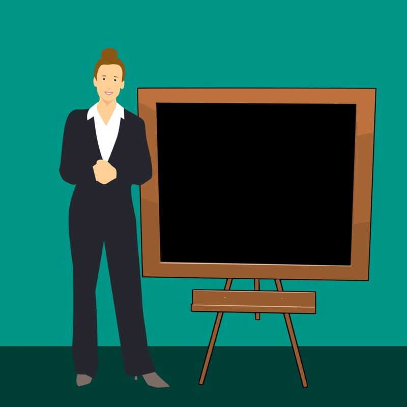illustration of a woman in a suit standing next to a presentation screen