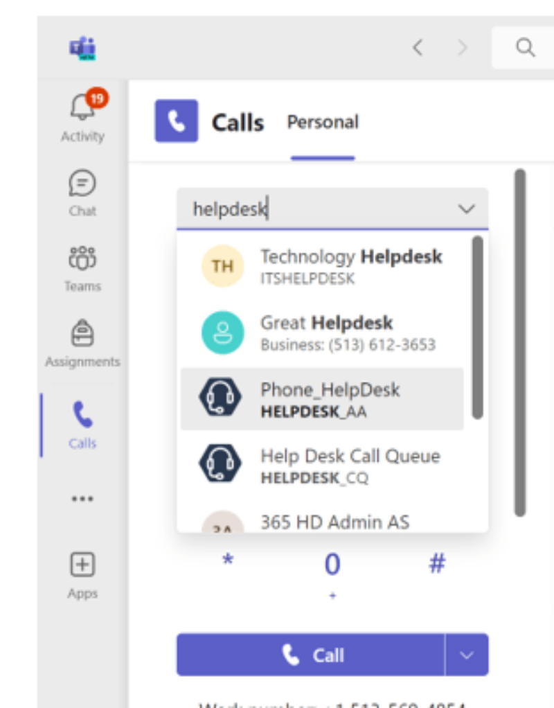 Screenshot showing choices for contacting the ITS Helpdesk via Teams phone
