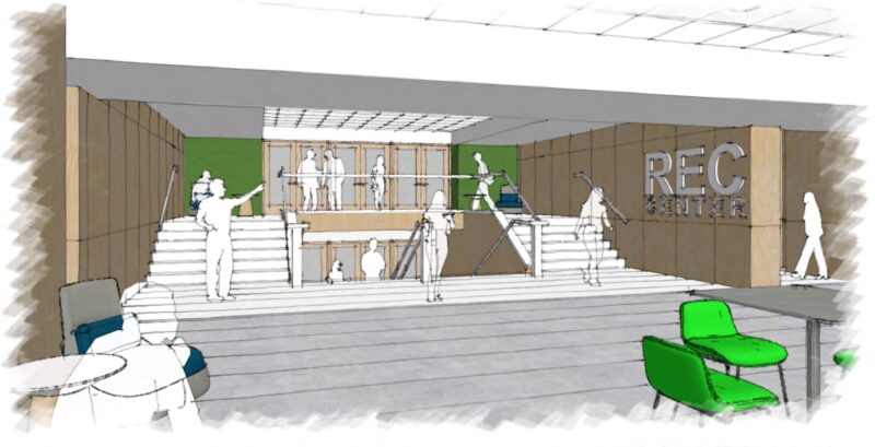 Illustration from the Master Plan for Clifton Campus showing proposed changes for entrances to the gym and fitness center