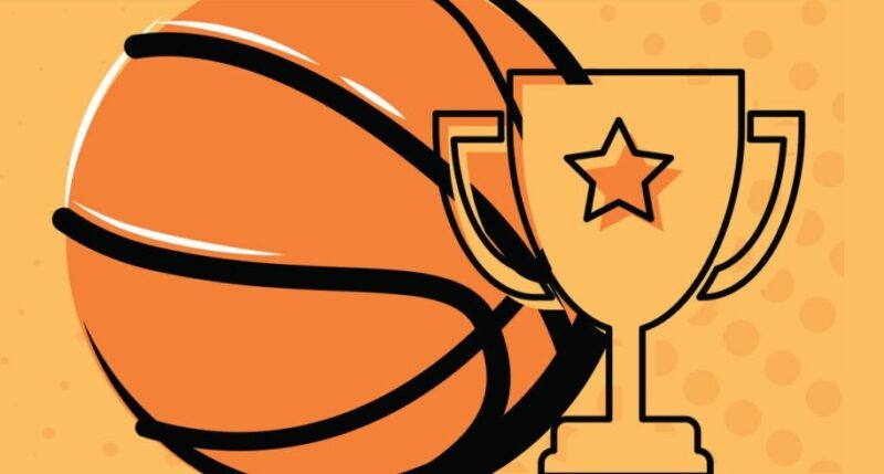 Illustration of a basketball and a trophy