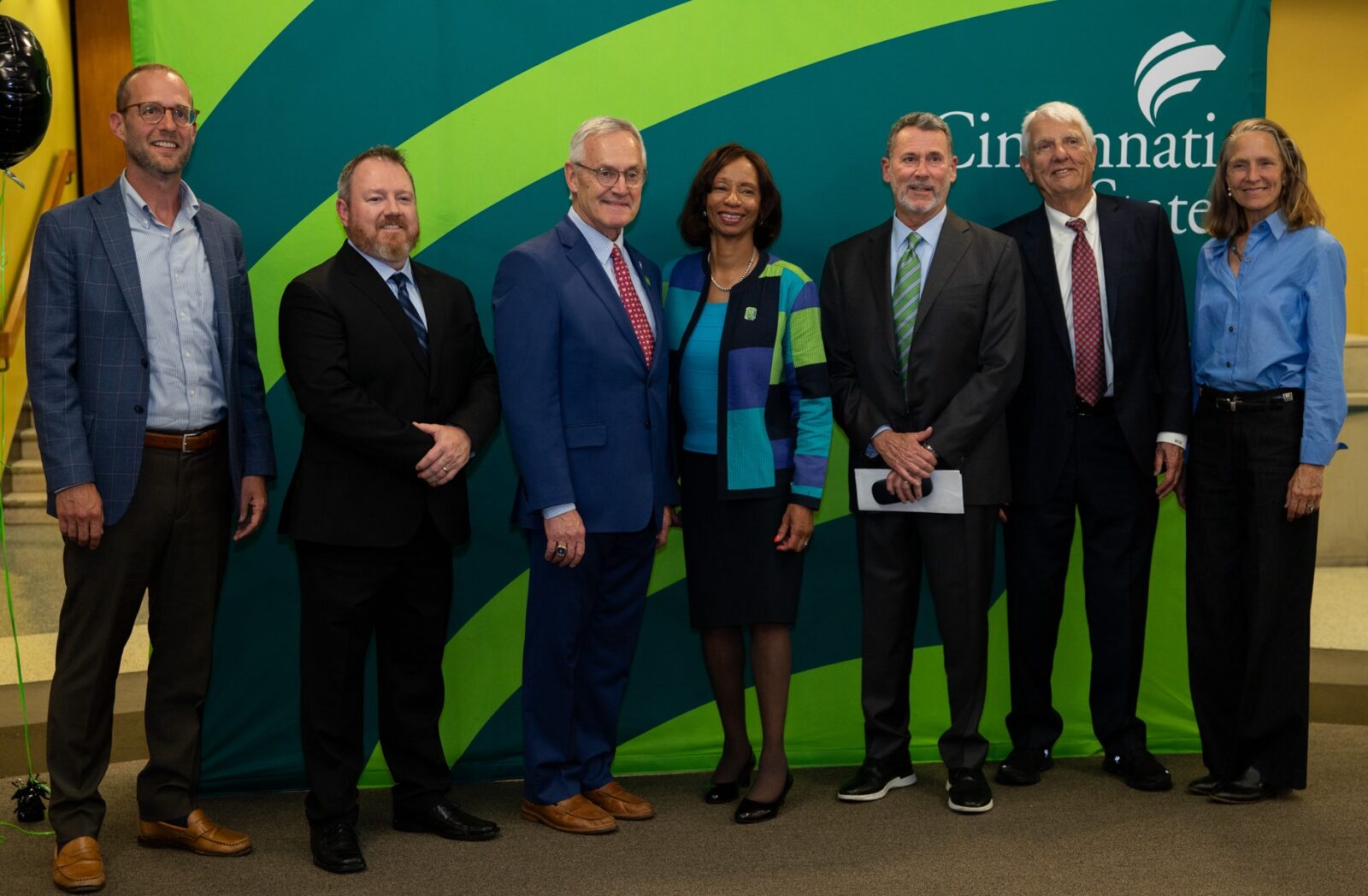 Ted Scherpenberg (CState Board of Trustees), Carl Leugers (GE Aerospace), Lt. Gov. Tressel, Pres. Posey, John Silverman (CState Board of Trustees Chair), Robert Reichert (Kenwood Dealer Group), Jane Garvey (CState Board of Trustees)