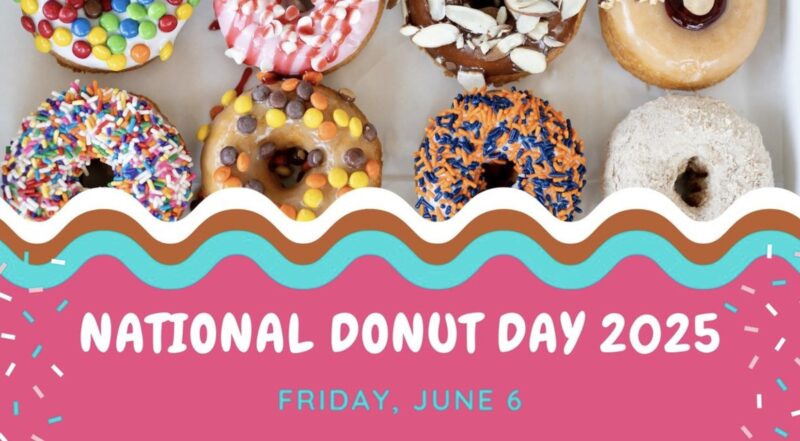 National Donut Day 2025 poster with 6 decorated donuts