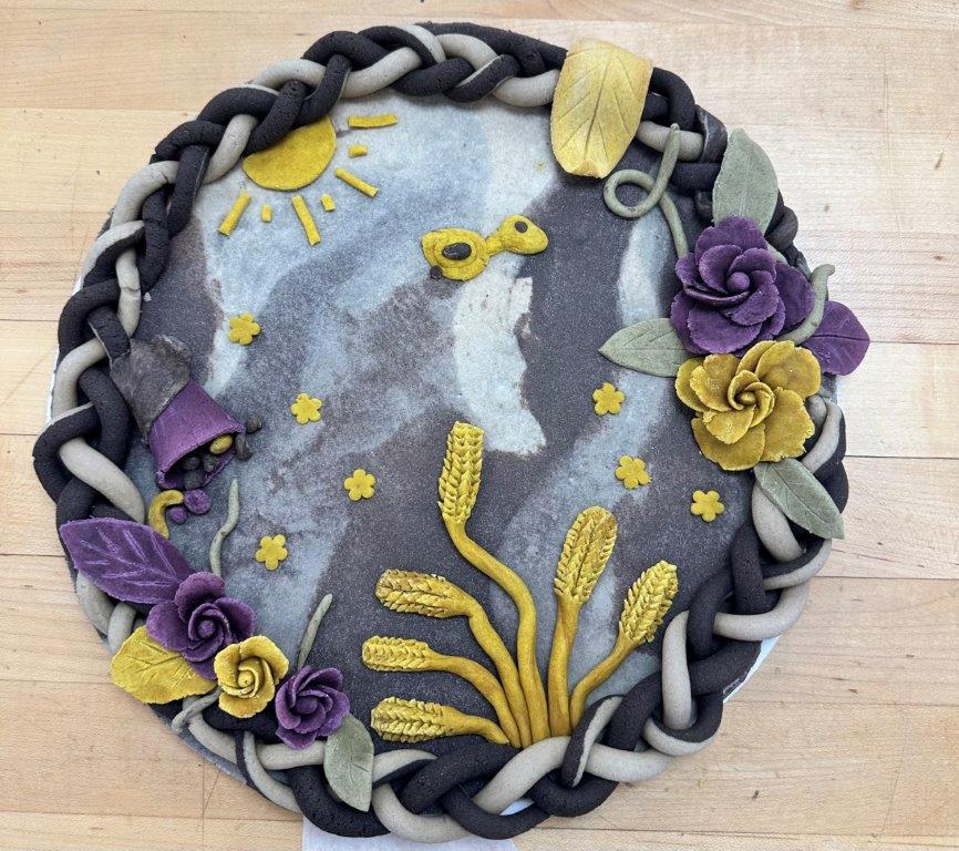 "Dead dough" sculpture - purple & yellow flowers and stalks of wheat
