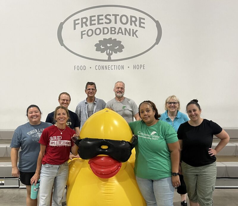 Faculty Senate members at the Freestore Foodbank: Abbey Yee, Jayne Dressing, Caleb Ochs-Naderer, Doug Woodruff, Jon McKamey, Sheena Davis, Nora Beckmann, Milene Donlin