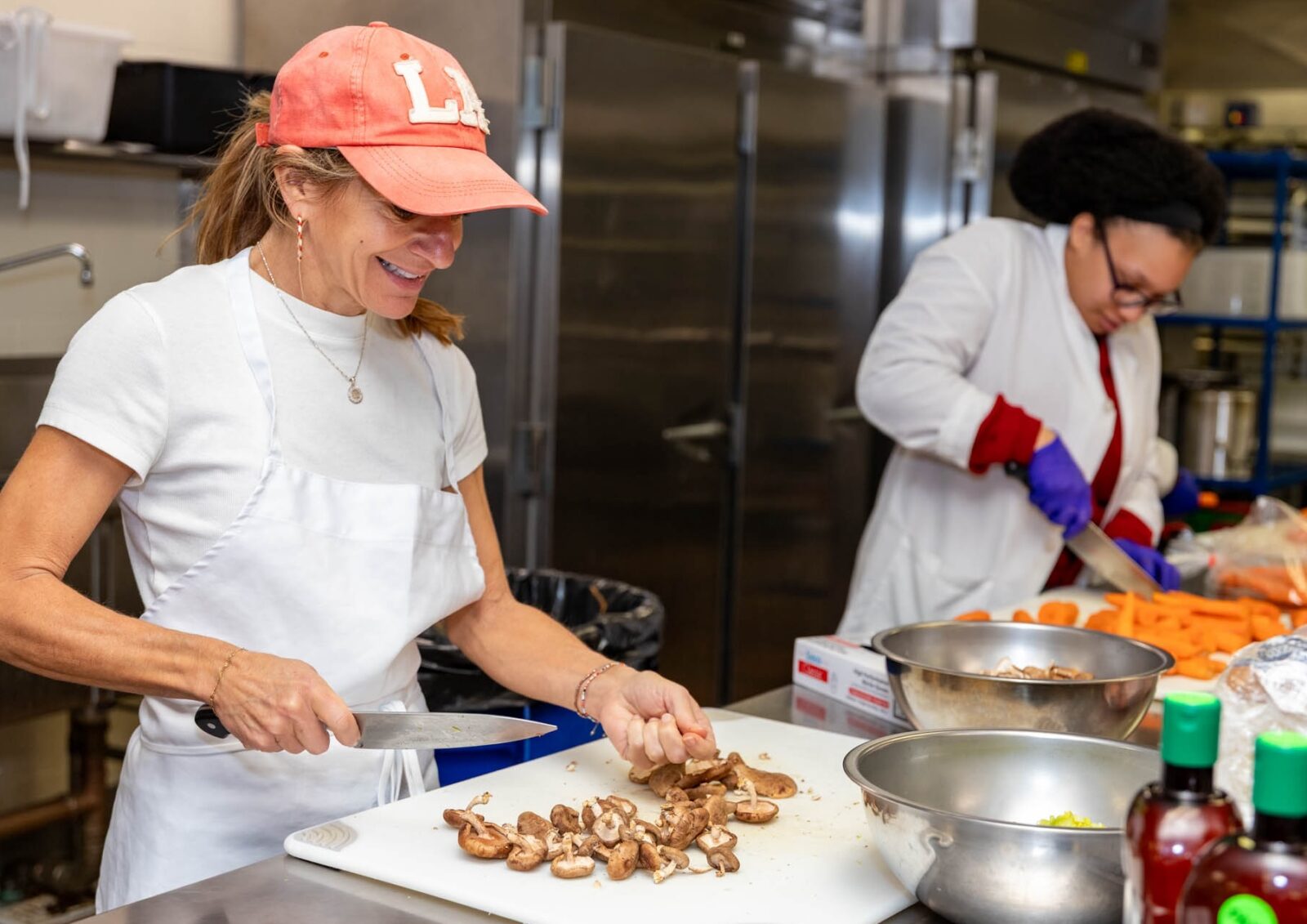 Jayne Dressing (left) enjoyed slicing mushrooms for soup