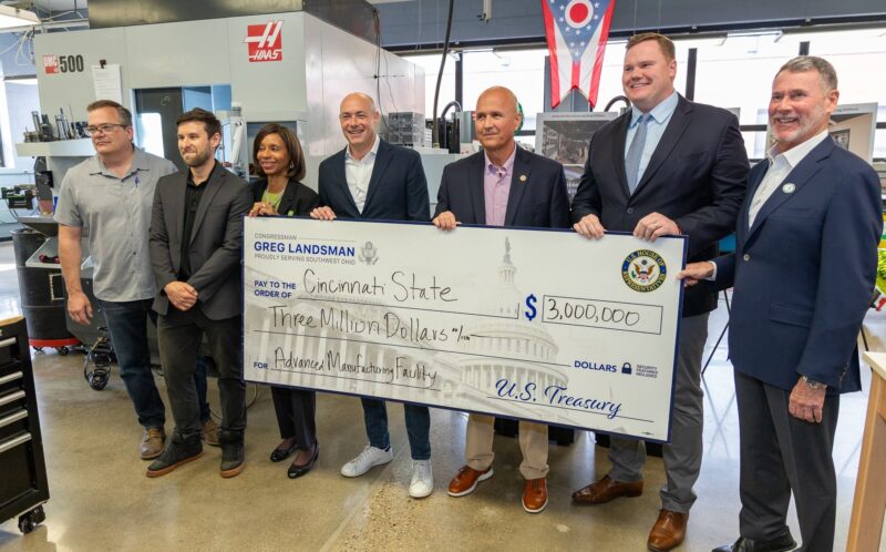 Mechanical Engineering Technology faculty members Matt Spetz and Zane Decker, President Monica Posey, Rep. Greg Landsman and Senatorial staff members, and Cincinnati State Trustee John Silverman
