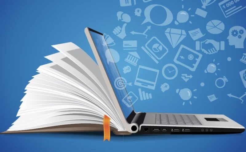 Illustration of open pages of a book merged with a laptop computer