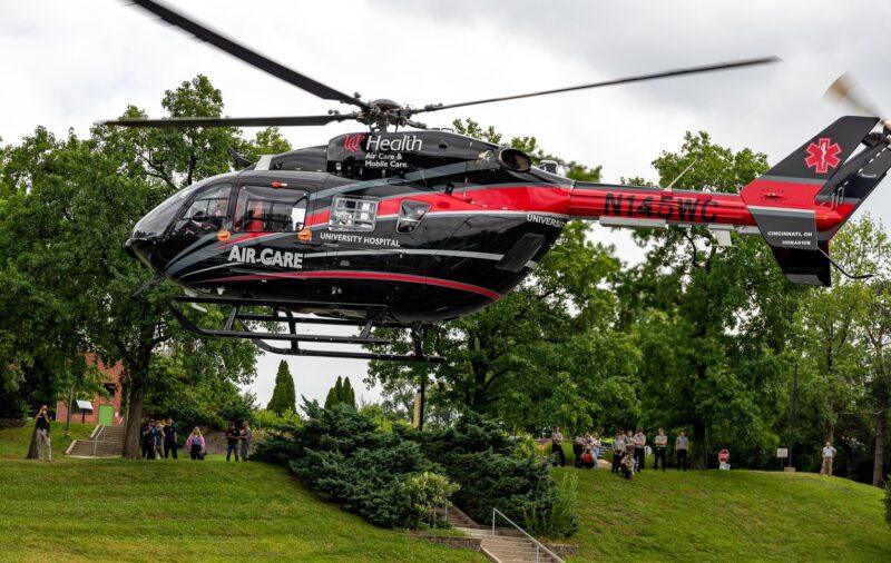 UC Air Care helicopter comes in for a landing in Parking Lot A (7-7-26)