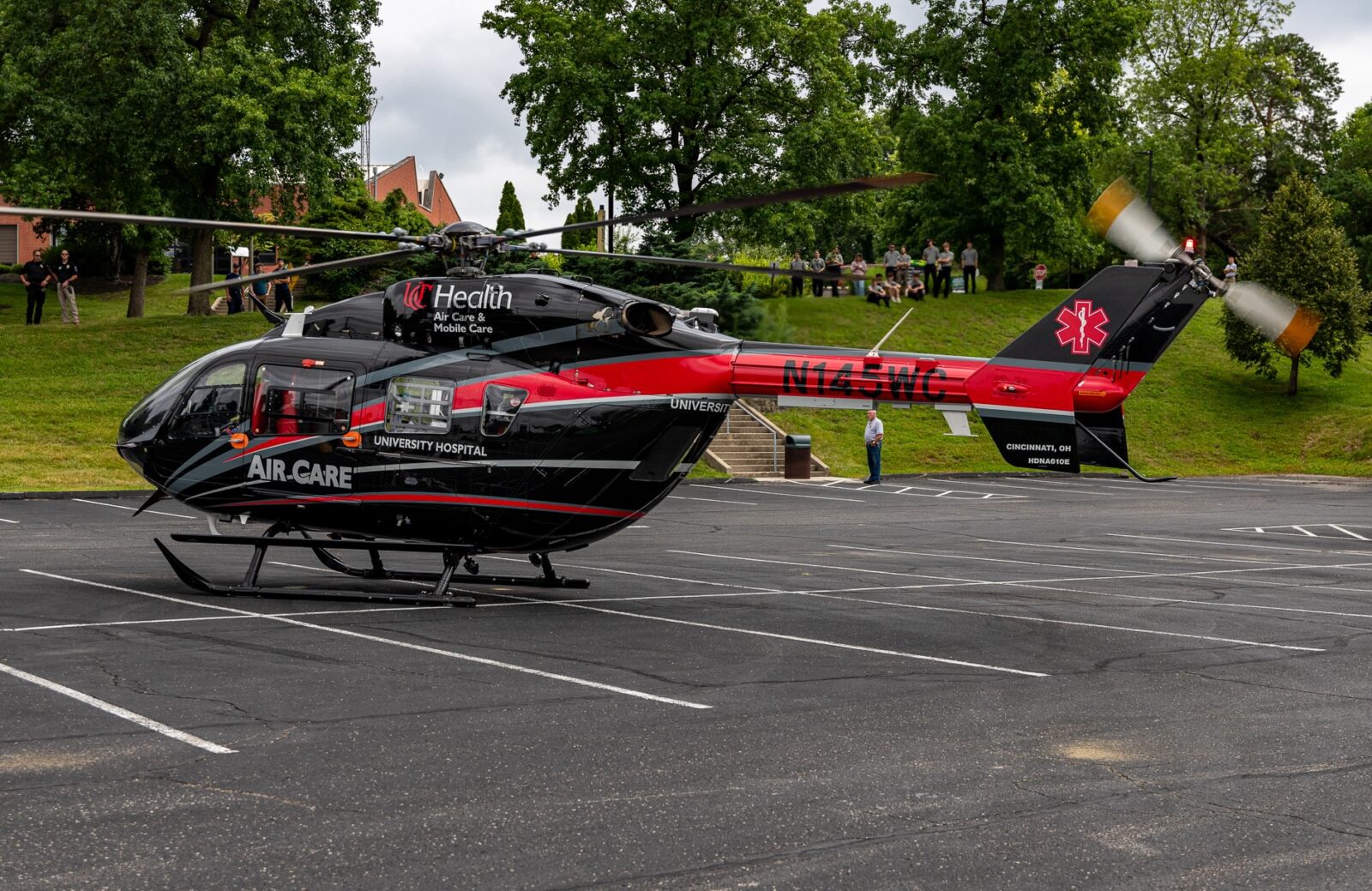 UC Air Care helicopter in Parking Lot A on Clifton Campus