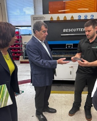 Ohio State Senator George Lang (center) visited the Mechanical Engineering Technology lab with President Posey and MET Program Chair Zane Decker