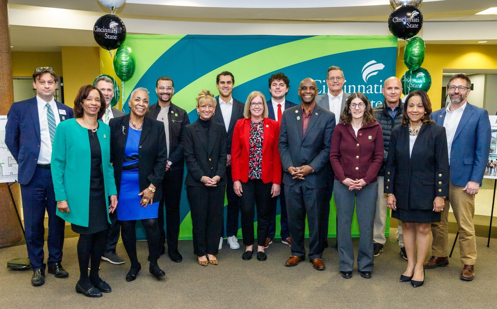 SW Ohio legislators visited Cincinnati State's Clifton Campus (from left): Chief of Institutional Advancement Elliott Ruther, President Monica Posey, Trustee John Silverman, State Senator Cathy Ingram, State Representative Sedrick Denson, State Representative Michelle Teska, State Minority Leader Dani Isaacshon, US Senator Bernie Moreno Staff Member Evan Nash, State Representative Cecil Thomas, State Representative Mike Odioso, State Representative Karen Brownlee, US Senator Moreno Regional Director Steve Leahy, Trustee Cynthia Booth, Provost Robbin Hoopes