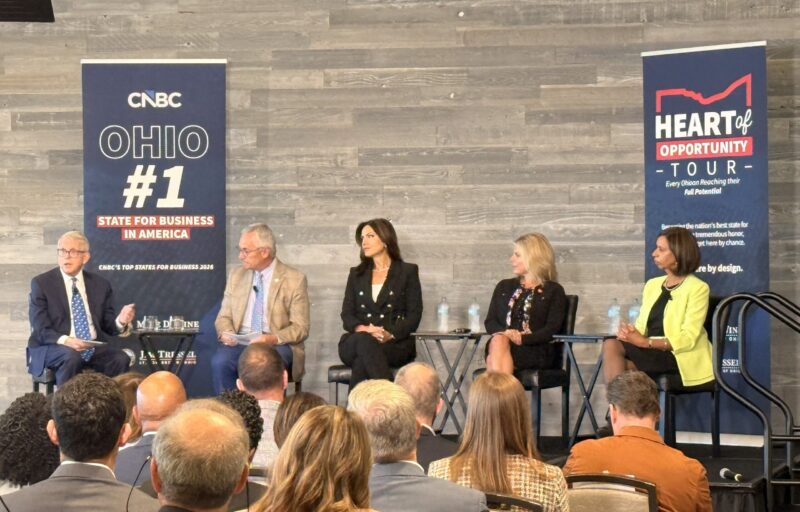 Ohio Gov. Mike DeWine, Lt. Gov. Jim Tressel, Michele O’Rourke, Kimm Lauterbach, and Pres. Posey in “Heart of Opportunity” panel discussion